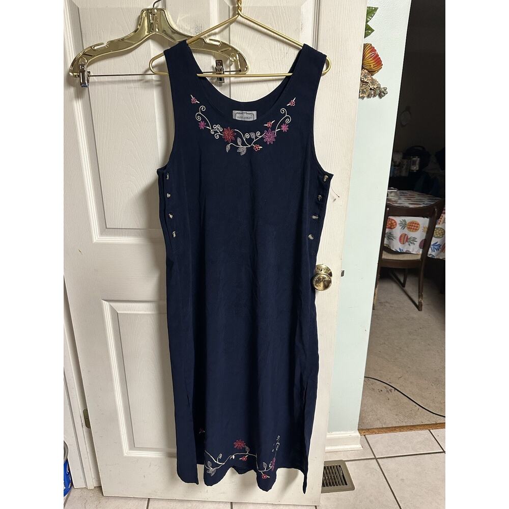 Jane Ashley Large Navy Blue Floral Faux Suede Embroidered Midi Jumper Dress 90s